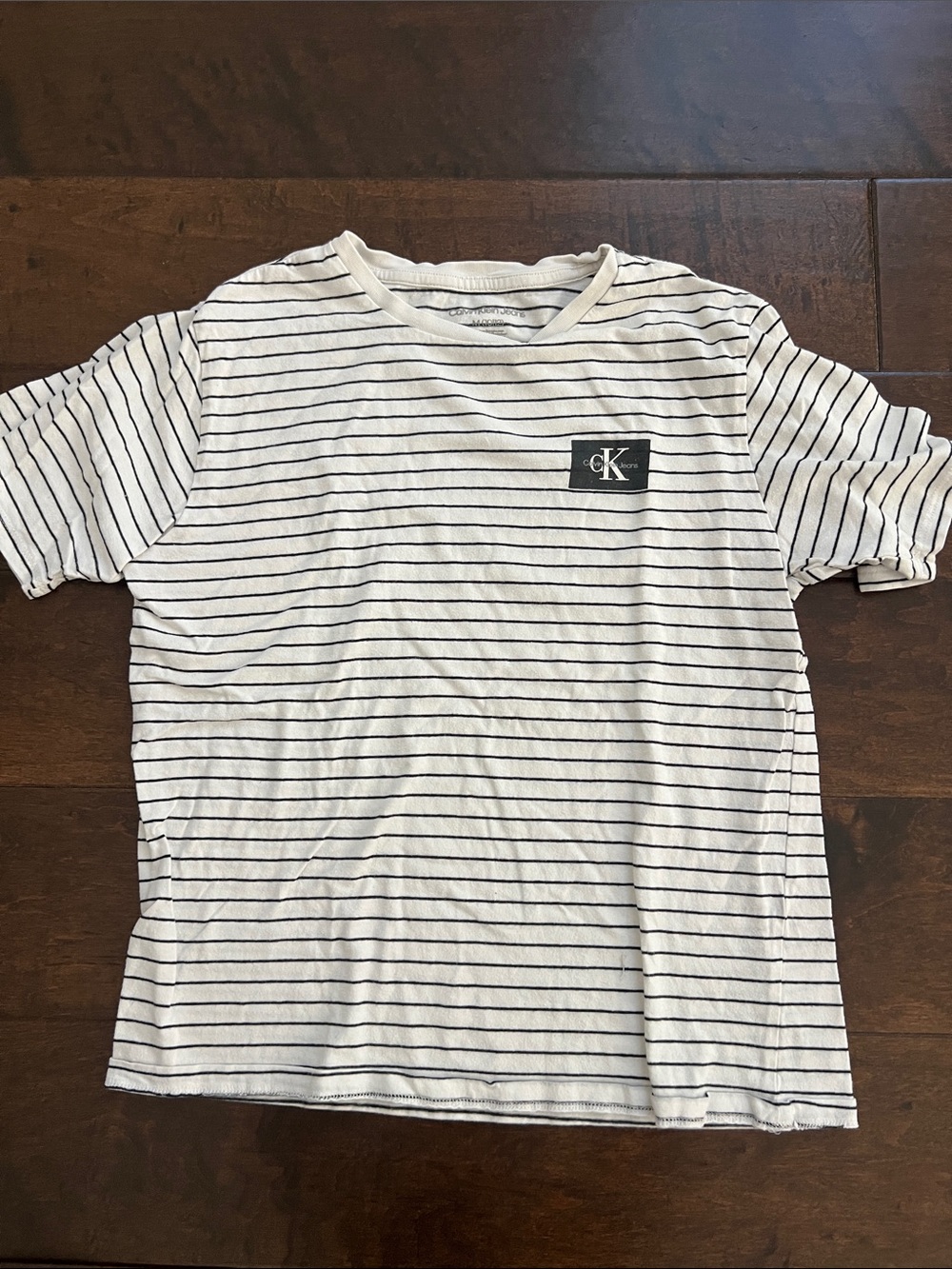Calvin Klein White Tee with Thin Black Stripes